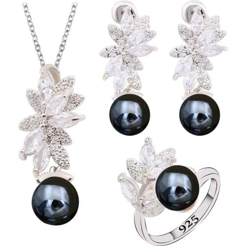 Black Pearl 925 Silver Jewelry Set for Women Earrings Necklace pendant Ring Gray White Blue 4 Colors Available New Arrival