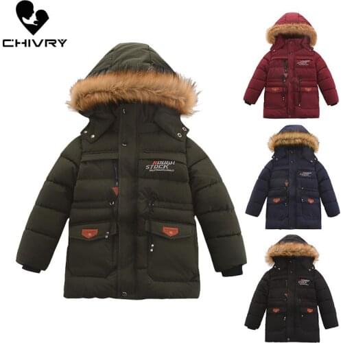 New 2020 Childrens Parka Winter Warm Jackets Kids Boys Zipper Fur Collar Hooded Down Cotton Padded Long Coat Thicken Outerwear