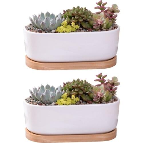 W3JE 2pcs Succulent Planter Ceramic Flower Pot with Bamboo Tray Drainage Holes for Indoor Outdoor Home Garden Decoration