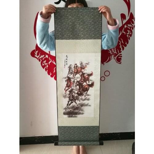 TOP GOOD business gift Home office Study WALL Decorative painting Success 8 horses courser FENG SHUI ART chinese silk painting