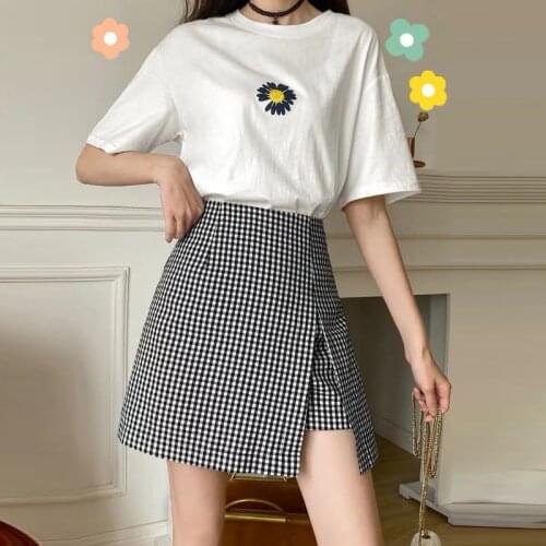 Fashion Short-sleeved T-shirt + Irregular Plaid Skirt Suit Retro Two-piece Skirt