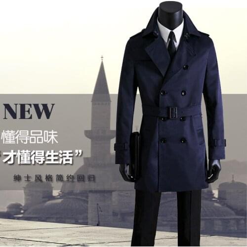 Free shipping mens long coat trench mens clothing spring and autumn plus size casual double breasted slim overcoat men coat blue