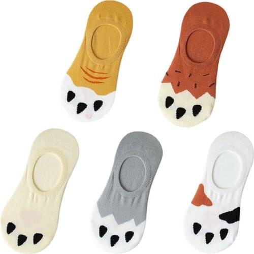 Women Summer Low Cut No Show Liner Socks Cute Cartoon Cat Paw Print Anti-Slip Silicone Grip Invisible Short Boat Hosiery