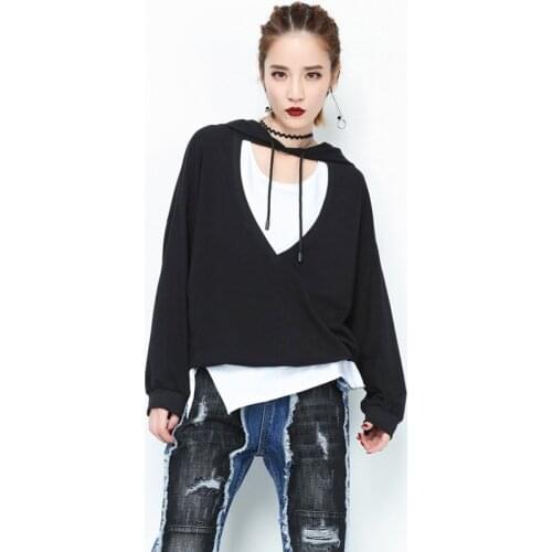 2020 New Fashion Solid Cotton Long Sleeve T-shirt Female Loose Fit Hooded Sweatshirts Casual Womens Hollow Out Hip Hop Tops
