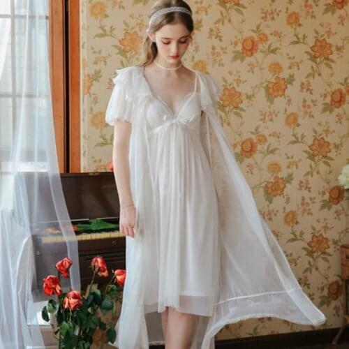 New Summer Ruffles Lace Mini Nightgowns Women Sleepshirts Short Sleeve Nightdress Palace Princess Sleeping Dress robe 2 pieec