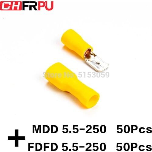 100PCS 6.3mm 12-10AWG FDFD/FDD/MDD 5.5-250 Female male Insulated Electrical Crimp Terminal for 4-6mm2 Cable Wire Connector