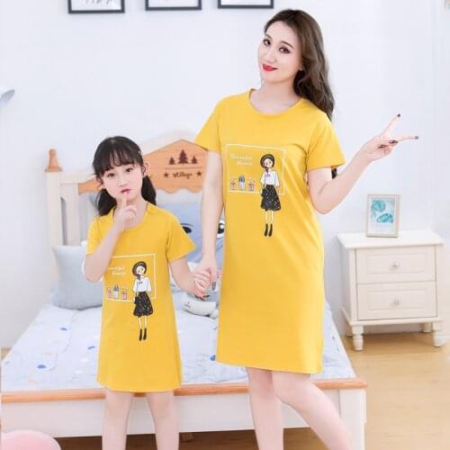 Mom Daughter Clothes Baby Girl Nightgown Cotton Night Dress Plus Size Yellow Princess Home Dress For Women Sleepwear Family Look
