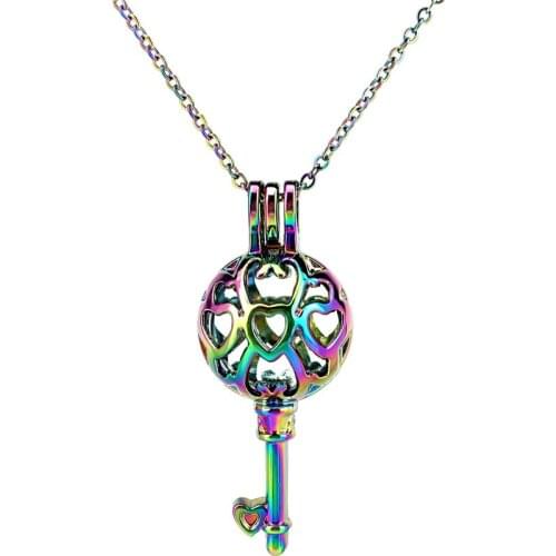 C883 COLORS Key Mini Heart Cage Necklace Pendant Aroma Essential Oil Diffuser Locket Necklace