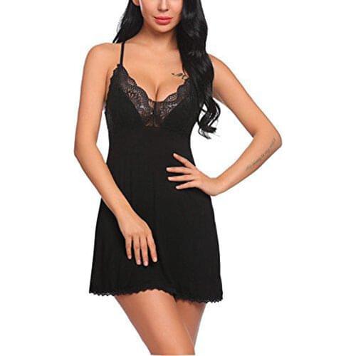 Sexy Ladies Lace Lingerie Women Silk Strap V Neck Lace Robe Dress Babydoll Underwear Nightdress Nightgown Sleepwear