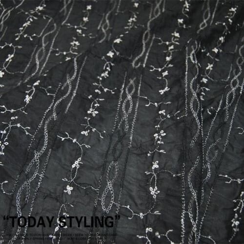 LEO&LIN Black Background Stripes Embroidery Large Wide Silk Cotton Silk Clothing Cloth Fabric DIY Textile Tissue