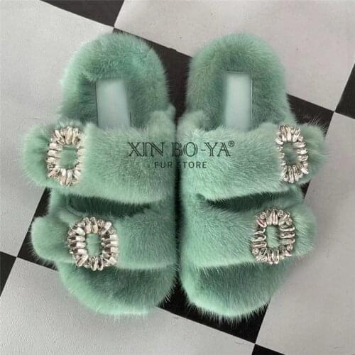 High Quality European Luxury Resort Fashion Fur Slippers 100% Mink Fur Slippers Ladies Shoes Fur Slippers Flat Heel Slippers