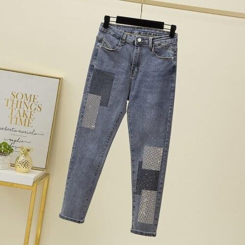 Korean Womens Spring Pencil Jeans Vintage Sequin Patch Feet Pants Casual Elasticity Denim Ankle-Length Trousers Plus Size 4XL