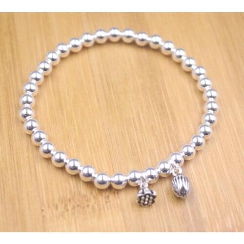 S925 Sterling Silver Bracelet For Women Lotus 5mm Beads Elastic String Baby Bracelet 15-18cmL