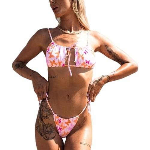 2021 Two Piece Set Swimming Costume Sexy Womens Two Piece Bikini Suits Floral Camisole and Lace-Up Trunks Bathing Suit Women