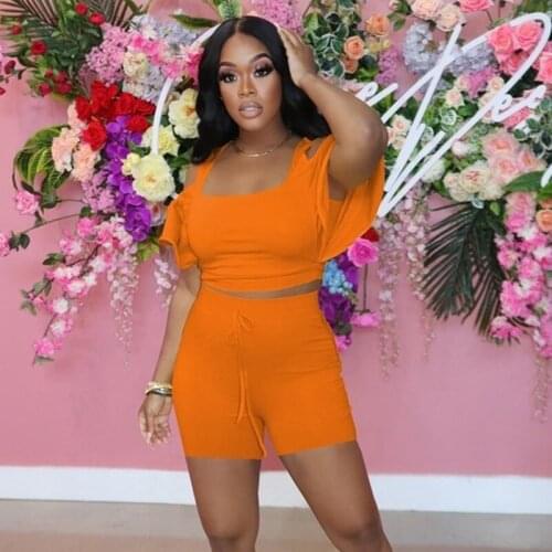 Casual Two Piece Summer Outfits for Women Streetwear Ruffles Short Sleeve Crop Top and Biker Shorts Set Women Club 2 Piece Set