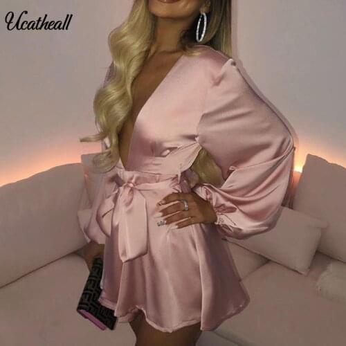 New Pleated Womens Satin Dresses Deep V Long Sleeve Ruched Dress Fashion Autumn Ladies Clubwear Open Back Dress With Belt