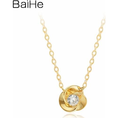 BAIHE Solid 18K Yellow Gold 0.10ct Round Natural Diamond Women Engagement Gift Fine Jewelry Sweet flower diamond Necklaces