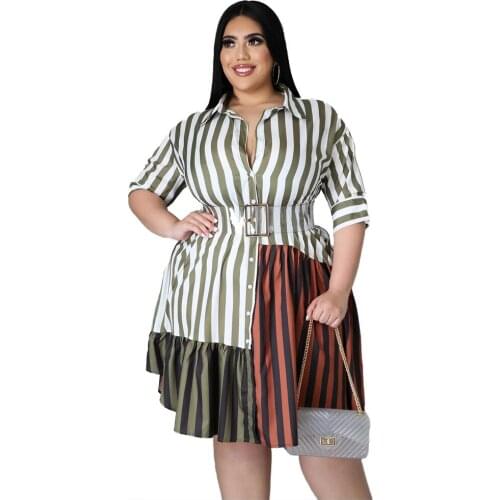 Echoine Plus Size 5XL Striped Print Shirt Dress Patchwork Elegant Casual Dresses Robe
