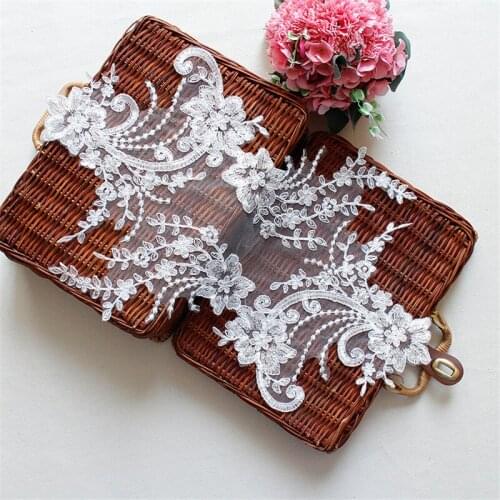 1Pc Large Ivory Cording Lace Sequins Flowers Bridal Wedding Handmade diy Material Veil Waist Cloth Patch Accessories 48X28cm