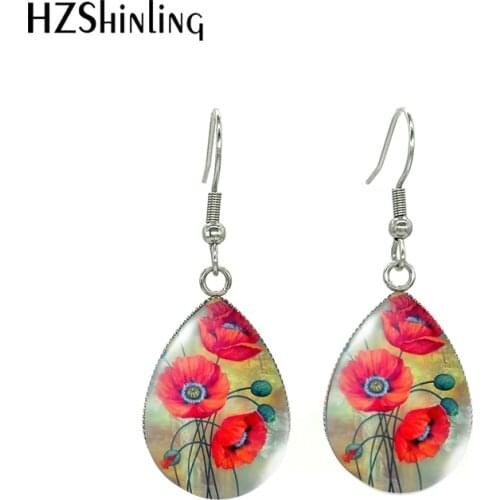 2020 New Red Poppies Flower Oi Painting Dangle Earrings Beauty Red Flowers Paintings Patterns Stainless Steel Hook Earrings