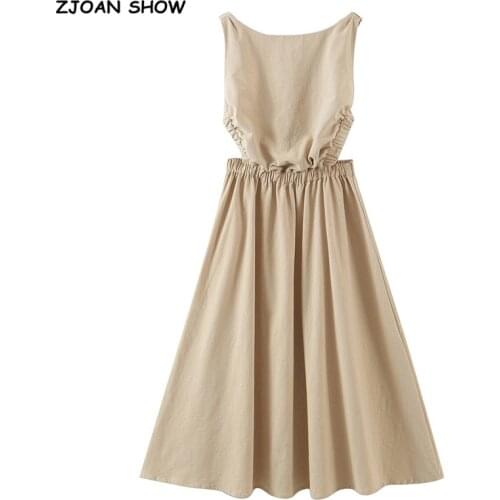 2021 Summer Cross Elastic Bandage Big Hollow Out Backless Dress Khaki Women Slim Waist Swing Midi Tank Dresses Sleeveless