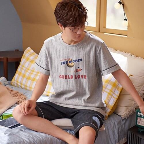 2021 Summer Mens Sleepwear Cotton Short Sleeve Tops Shorts Men Pajamas Set 3XL Home Suit Mens Night Wear Nightgown Homewear Set