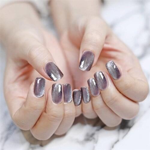 24pcs Purple Gray Fake Nail Patch Cat Eye False Nail Patch Press On Finger Nail Tips Detachable Full Cover Acrylic Nails