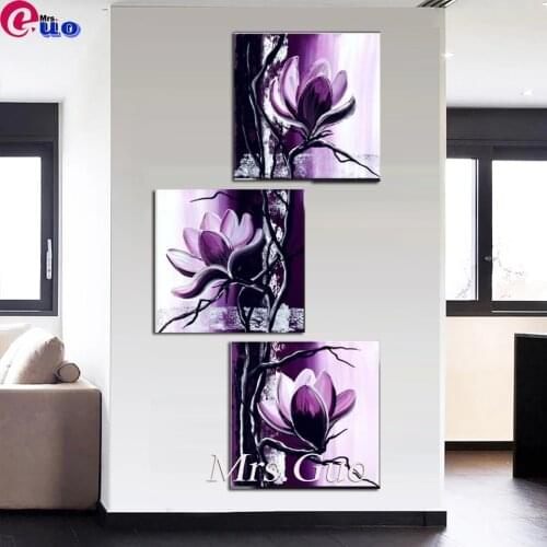 Full Square 5d Diu Diamond Painting Purple Magnolia Cross Stitch Flower Diamond Embroidery Triptych Mosaic Handicraft Home Decor