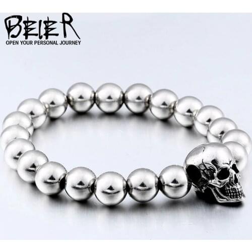 BEIER Steampunk Metal Skull Bracelets Elastic Steel Beads Chain Skeleton Men Bracelets Sets Male Hand Accessories gift HSS006