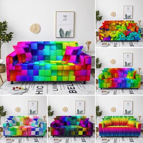 Colorful Square Sofa Cover for Living Room Geometric 1/2/3/4 Seater Elastic Couch Cover L Shape Sectional Sofa Stretch Slipcover
