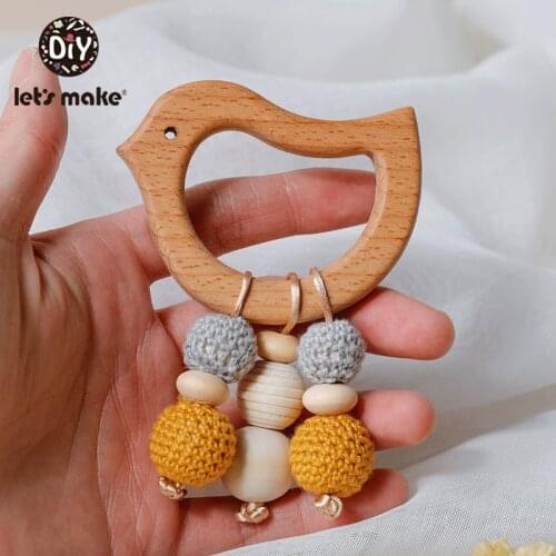 Lets Make 1pc Baby Teether Toys Wooden Animals Birds Pendant Olive Oil Beech Wood Crochet Beads Baby Rattle Stroller Kids Gifts