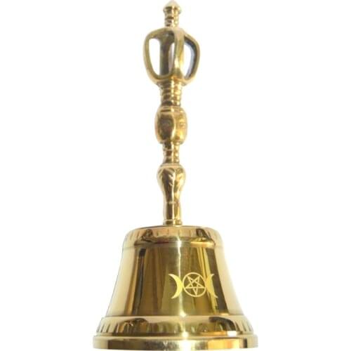 Q9QF Brass Hand Bell Altar Star Triple Moon Ritual Brass Bells Wiccan Prop Ceremony Divination Astrology Tool Witchcraft