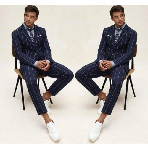 Men Tuxedos Groom Wedding Suits Handsome Navy Striped Slim Fit One Button Mens Suit 2 Pieces Coat Pants (jacket+Pants)