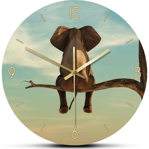 Elephant In A Dry Tree Surreal Landscape Living Room Silent Movement Wall Clock Wildlife Elephant Hanging Artwork Wall Watch