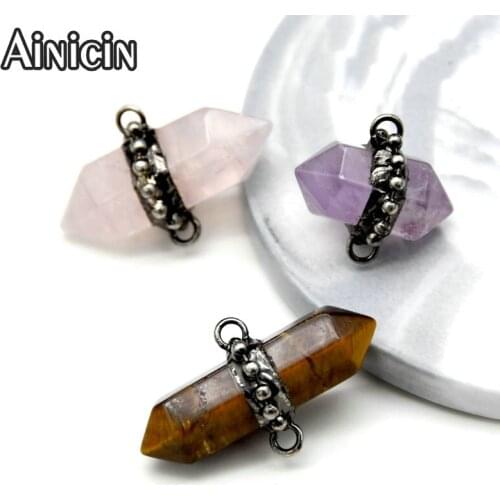 Natural Semi-precious Stone Double Cusp Hexagon With Ball Chain Soldering Connectors Tiger eyes Amethyst Rose Quartz Pendants