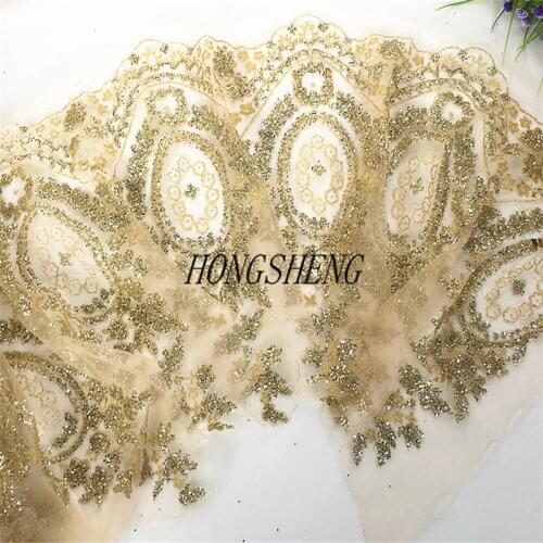Delicate 3Meters Hot fix Sequins Wedding Dress Cording Lace Applique Gold Thread Embroidery Lace Accessories Trim 29cm LJ0052