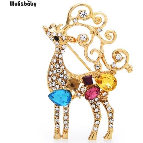 Wuli&baby 2021 New Rhinestone Deer Brooches For Women Men Christmas New Year Animal Brooch Pin Gifts
