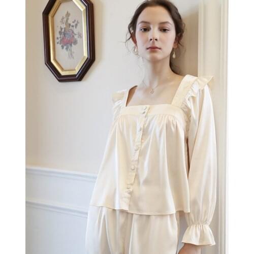 Autumn New French Long-sleeved Ice Silk Pajamas Women Slim Retro Palace Style Thin Home Clothes Solid Sexy Satin Two Piece Set