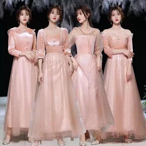 Bridesmaids Dresses Illusion Strapless Pearls Pleat Sequined A-Line Three Quarter Off The Shoulder Women Wedding Party Gown E447