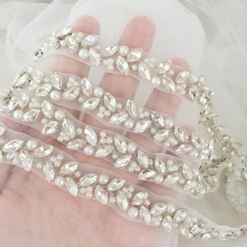 5 Yards Thin Pearl and Rhinestone Belt Trim Bridal Sash Lace Wedding Veil Beaded Lace Trim