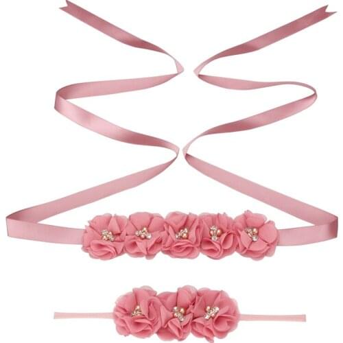 Flower Girl Sash Belt Headband Set Rhinestone Satin Ribbon Deading Evening Dress Bridesmaid Female Sashes Fashion 2020 New