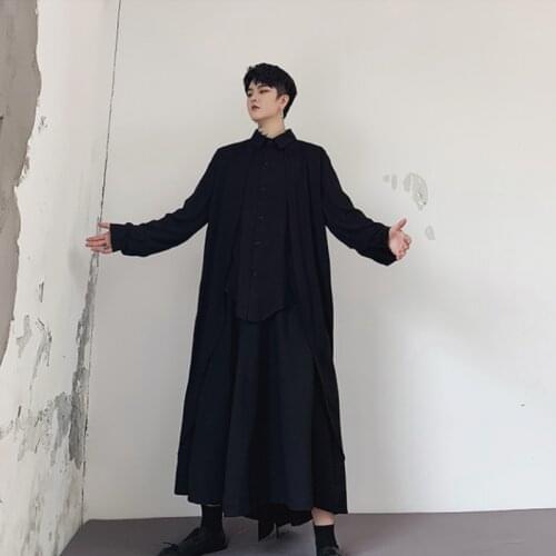 Men long sleeve loose large size black white shirt cape irregular casual shirt streetwear hip-hop cardigan