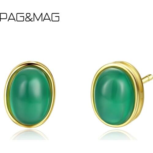 PAG&MAG Vintage Green Emerald Oval Design Stud Earrings 925 Sterling Silver Earrings Fine Jewelry Gift SE0225