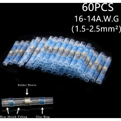 60PCS Blue Solder Seal Wire Connectors, Heat Shrink Butt Connector, Waterproof Insulated Butt Splice Wire Terminals for Car Boat