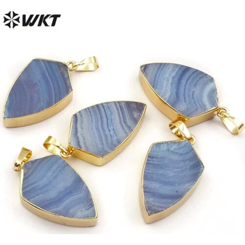 WT-P1413 WKT wholesale 10pcs/lot natural stone pendant with gold metal plated shield shape blue color flat pendant for girl gift