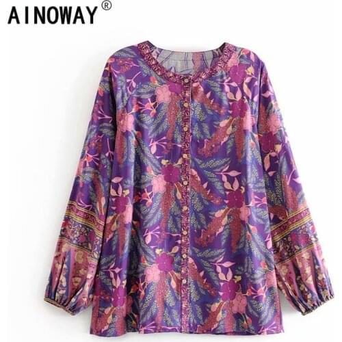 Vintage chic hippie women rayon cotton beach floral print bohemian blouse shirt ladies long sleeve loose Boho shirts
