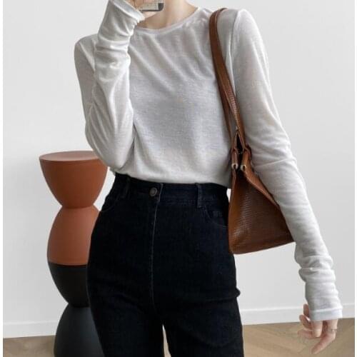 Womens Ladies Long Sleeve Thin Round Neck Shirt High Slim Pullover Top