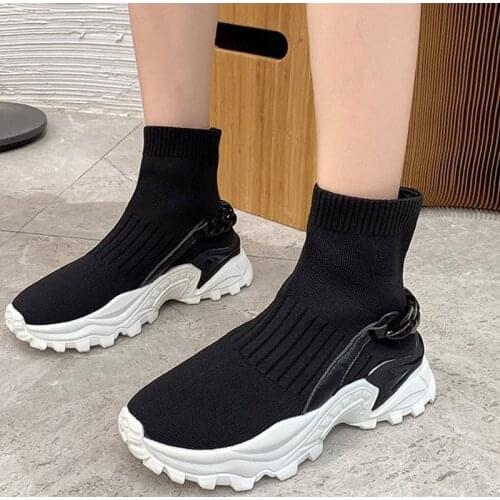 Womens Boots Platform Shoes Solid Color Slip On Women Ankle Sock Boots Thick Bottom Knitted Ladies Fashion Shoe Casual 2021New