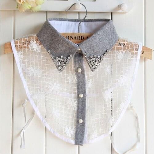 Women Half Shirt Cotton Lace Flower Chic Blouse Tops Detachable Fake Collars Lady Cardigan Button Rhinestone Lapel False Collar