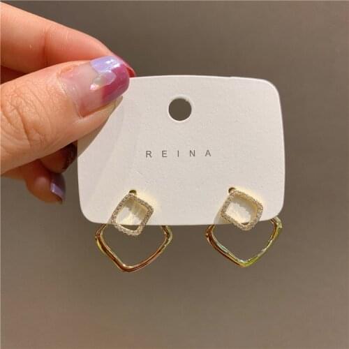 Korean New Design Fashion Jewelry Copper Inlay Zircon Simple Double Double Square Simple Wear Female Earrings Before and After